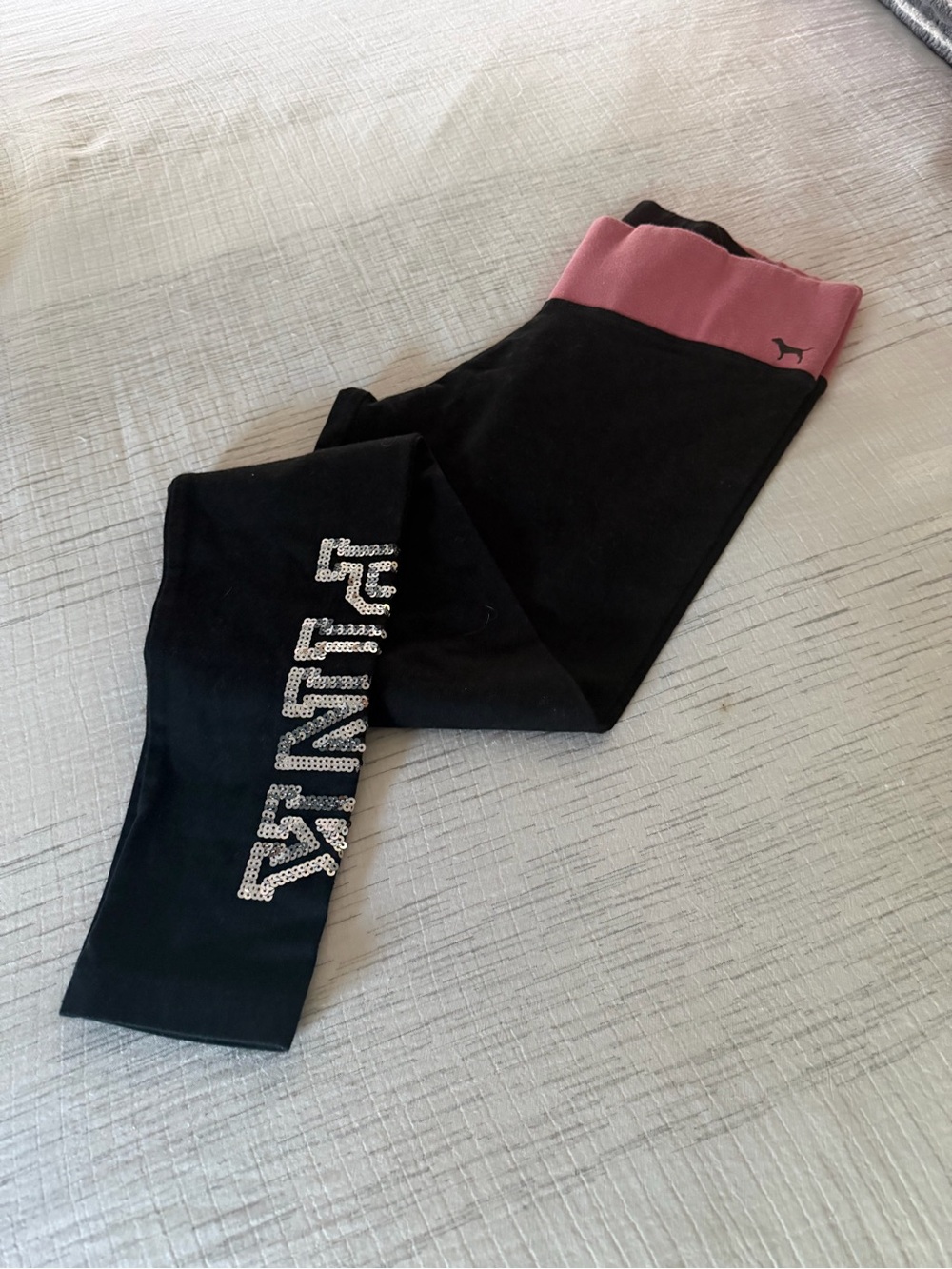 Victoria's Secret Black Leggings with Pink Waistband and Rhinestone Logo - Kids